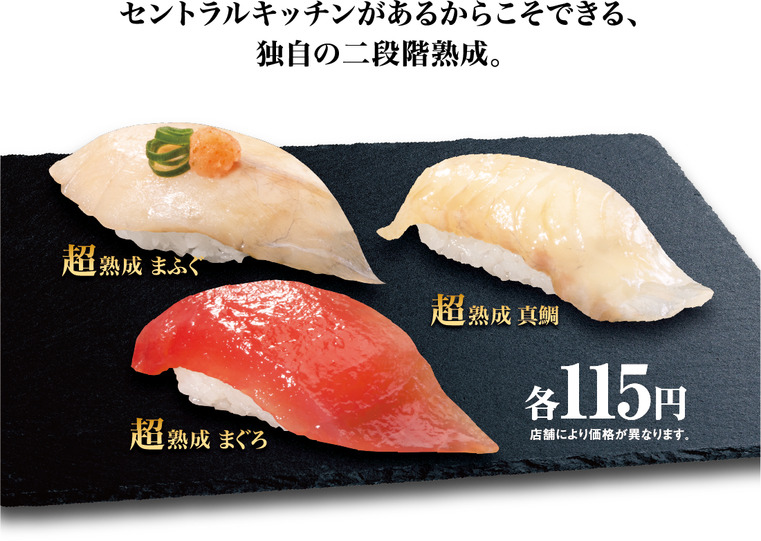 セントラルキッチンがあるからこそできる、独自の二段階熟成。 超熟成 まふぐ 超熟成 真鯛 超熟成 まぐろ 各115円 店舗により価格が異なります。