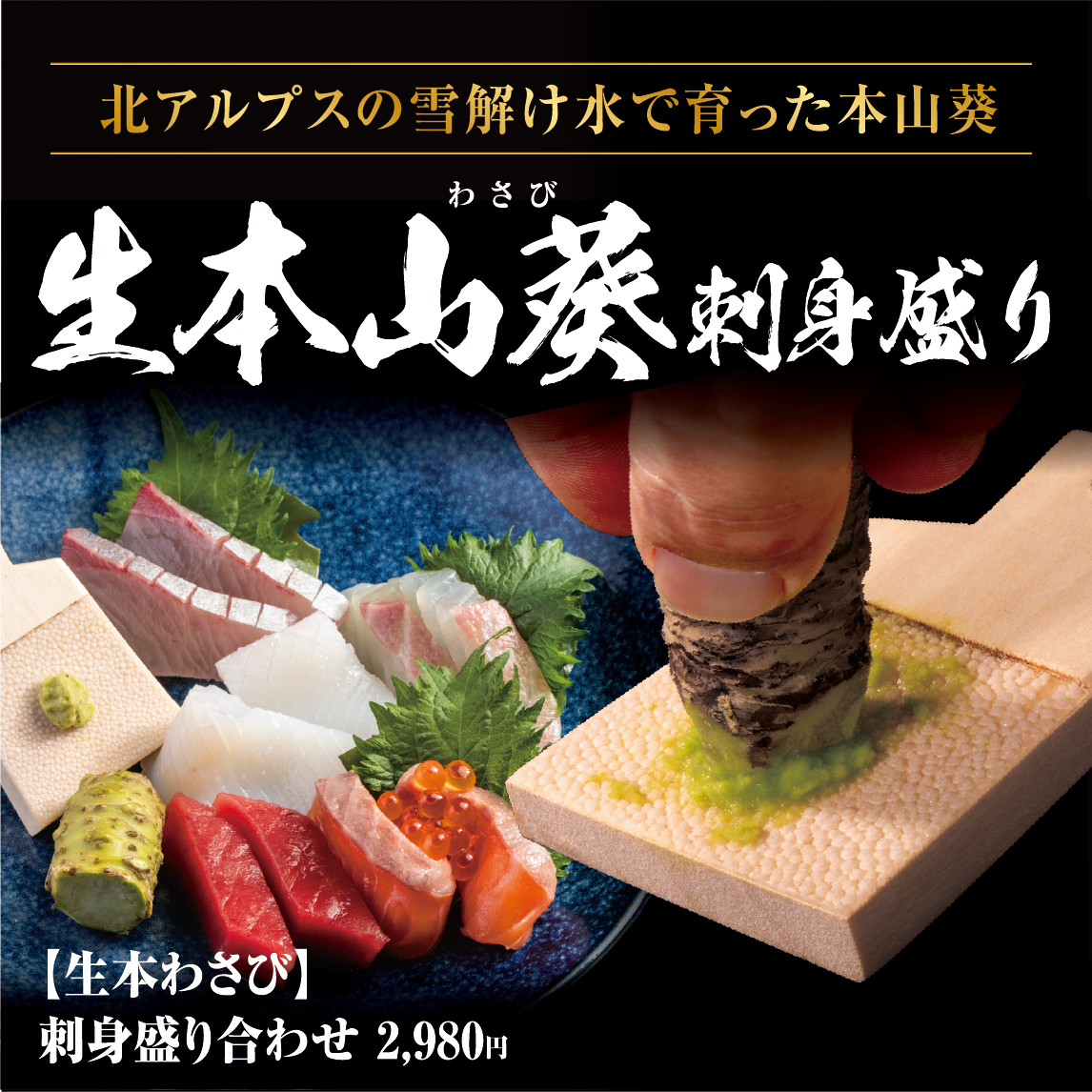 北アルプスの雪解け水で育った本山葵 生本山葵わさび 刺身盛り 生本わさび 刺身盛り合わせ 2,980円