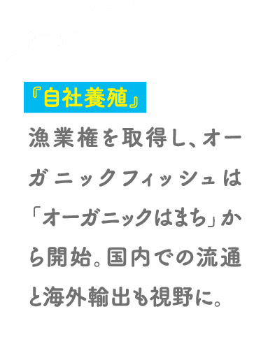 POINT01 『自社養殖』漁業権を取得し、オーガニックフィッシュは「オーガニックはまち」から開始。国内での流通と海外輸出も視野に。