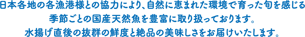 日本各地の各漁港様との協力により、自然に恵まれた環境で育った旬を感じる季節ごとの国産天然魚を豊富に取り扱っております。水揚げ直後の抜群の鮮度と絶品の美味しさをお届けいたします。