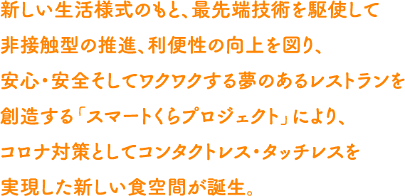 新しい生活様式のもと、最先端技術を駆使して非接触型の推進、利便性の向上を図り、安心・安全そしてワクワクする夢のあるレストランを創造する「スマートくらプロジェクト」により、コロナ対策としてコンタクトレス・タッチレスを実現した新しい食空間が誕生。