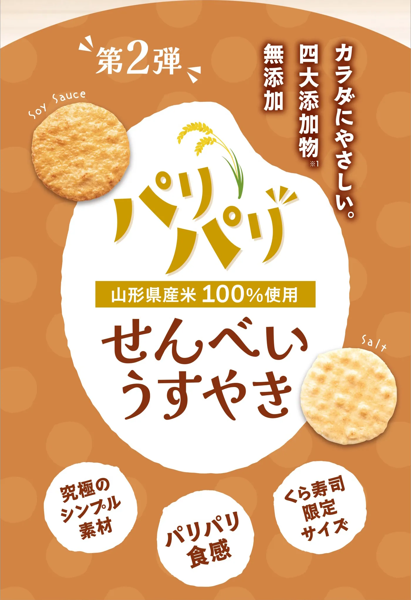 第2弾「パリパリ 山形県産米100%使用 せんべいうすやき」カラタにやさしい。四大添加物無添加［究極のシンプル素材・パリパリ食感・くら寿司限定サイズ］