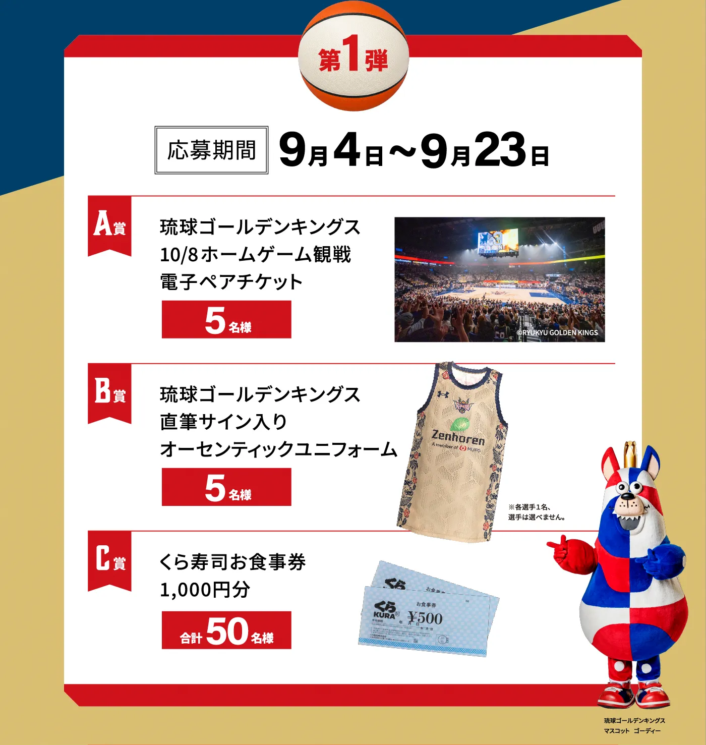 ［第1弹］応募期間 9月4日～9月23日「A賞 琉球ゴールデンキングス 10/8ホームゲーム観戦電子ペアチケット 5名様」「B賞 琉球ゴールデンキングス直筆サイン入りオーセンティックユニフォーム 5名様」「C賞 くら寿司お食事券 1,000円分 合50名様」