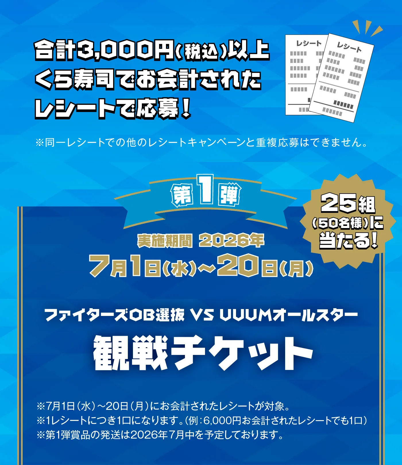 合計3,000円（税込）以上くら寿司でお会計されたレシートで応募！［第1弾］ファイターズOB選抜 VS UUUMオールスター観戦チケット