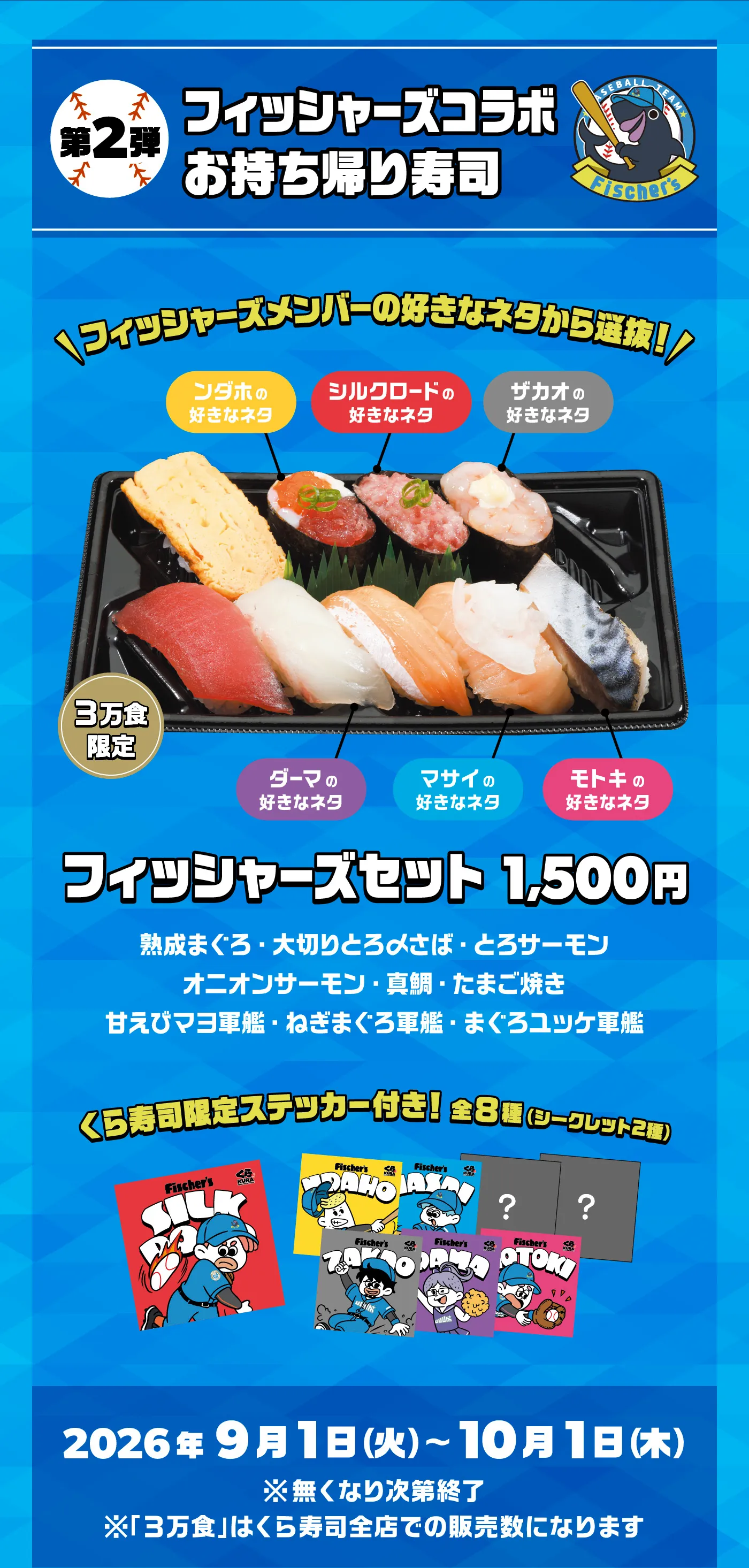 第2弾「フィッシャーズコラボ お持ち帰り寿司」フィッシャーズメンバーの好きなネタから選抜！「フィッシャーズセット 1,500円」熟成まぐろ・大切りとろ〆さば・とろサーモン・オニオンサーモン・真鯛・たまご焼き・甘えびマヨ軍艦・ねぎまぐろ軍艦・まぐろユッケ軍艦［くら寿司ステッカー付き！全8種（シークレット2種）］2026年9月1日（火）～10月1日（木）※無くなり次第終了 ※「3万食」はくら寿司全店での販売数になります
